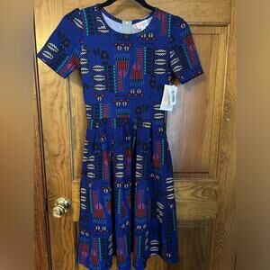 LuLaRoe Amelia Dress Pockets Pleated Full Skirt Zip Fit Flare Midi Aztec XS NWT